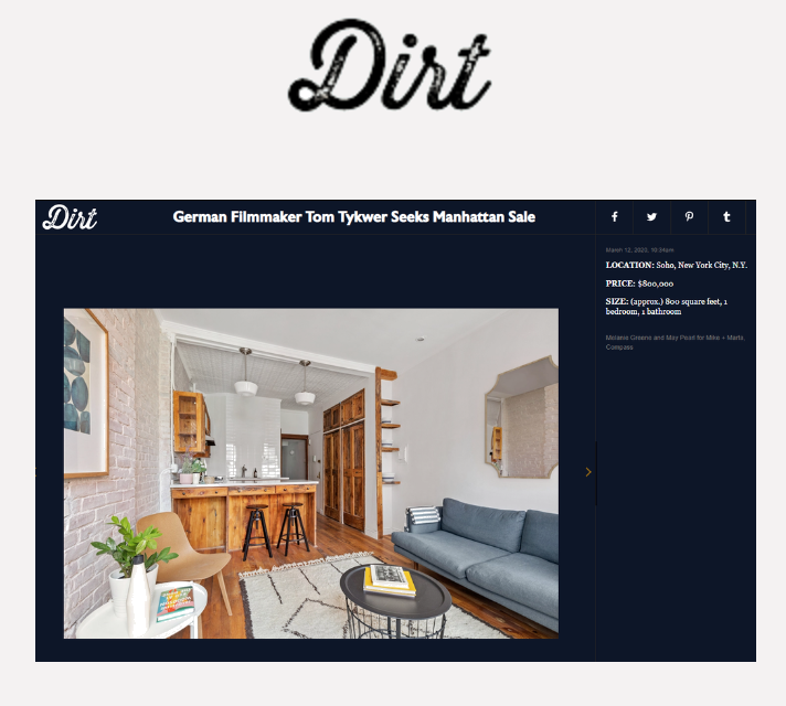 Screenshot of a real estate listing for an apartment in Soho, New York City, showing a living room with a gray sofa, a black coffee table, a wooden chair, and a kitchen with wooden cabinets, with details about the property and price.