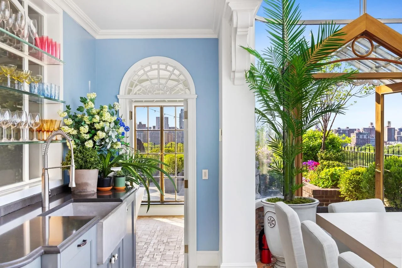 Sunlit indoor space with light blue walls, a white arched window, shelves with glassware, a gray farmhouse sink, and plants on a black countertop. An outdoor patio with greenery and city skyline visible through large glass windows.