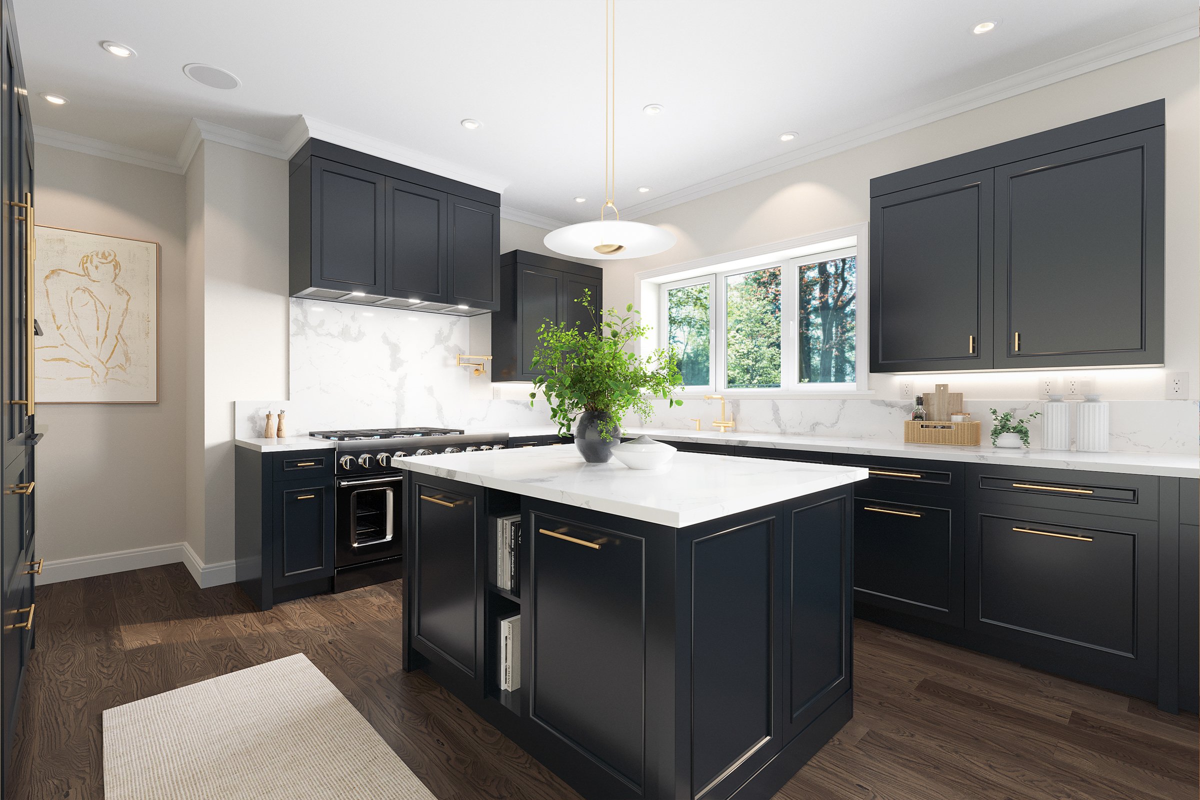 Modern kitchen with dark blue cabinets, white marble countertops, and a kitchen island with open shelving. A large window overlooks greenery, and a potted plant and bowls are on the island. Wooden flooring and neutral walls with artwork complete the space.