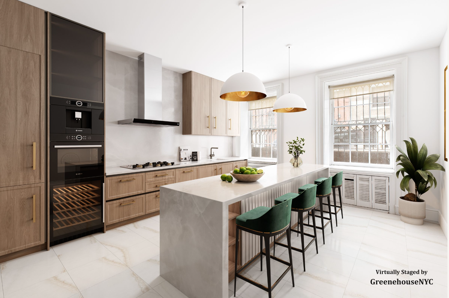 Modern kitchen with light wood cabinets, a white marble island, green bar stools, and large windows letting in natural light.