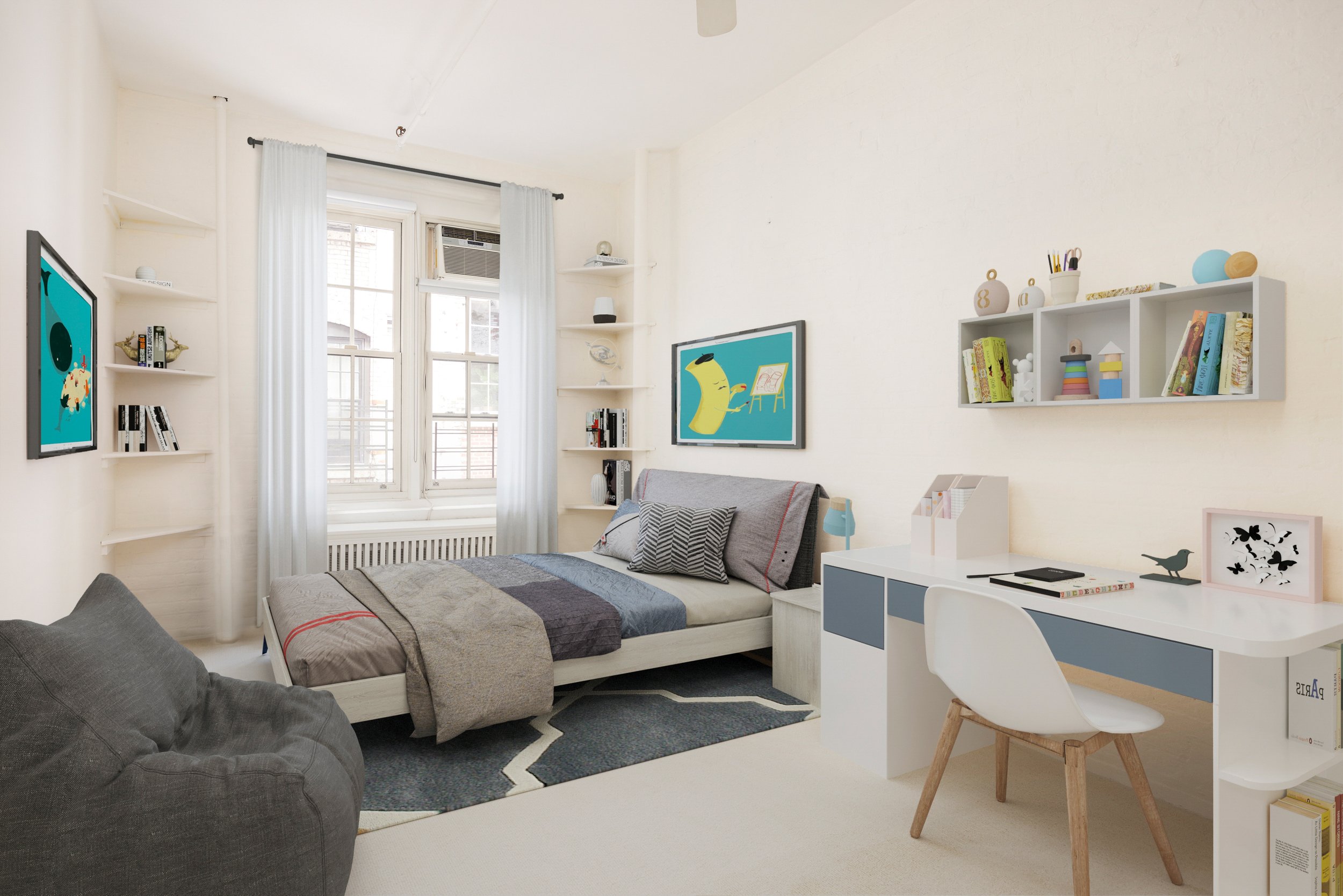 Bright bedroom with a bed, framed artwork, books, a desk with a chair, and decorative objects.