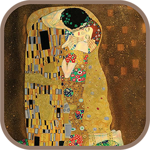A painting of a couple embracing, with intricate patterns and vibrant colors, including gold, blue, and red, inspired by Gustav Klimt's art style.