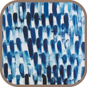 Abstract painting with vertical blue brushstrokes on a light background.
