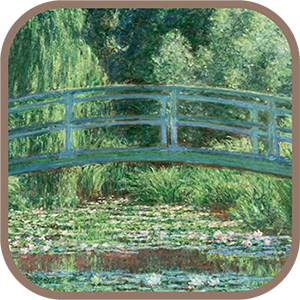 A painted wooden footbridge over a pond with water lilies, surrounded by lush green trees.