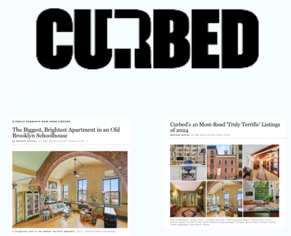 The word 'CURBED' in large black letters at the top, with two articles below featuring images of apartments and interior spaces.
