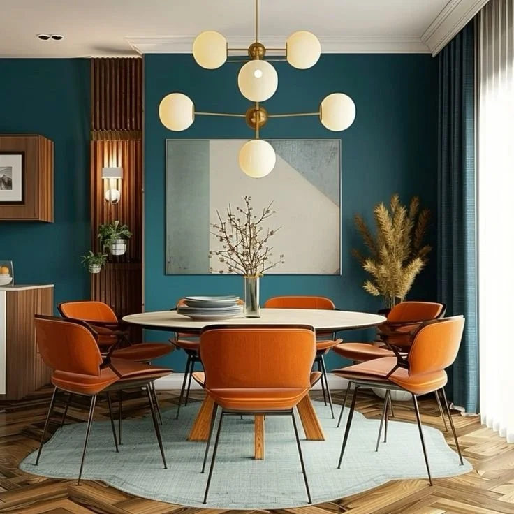 Modern dining room with a round white table surrounded by six orange chairs, teal accent wall, geometric chandelier, large artwork, potted plants, and floor-to-ceiling curtains.