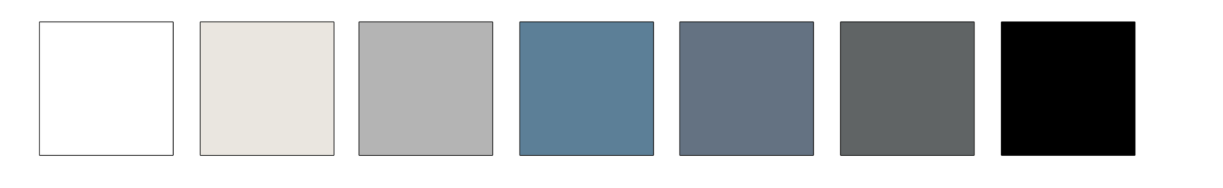 Horizontal color palette of seven squares, from left to right: white, light beige, light gray, blue, dark gray, darker gray, charcoal gray.