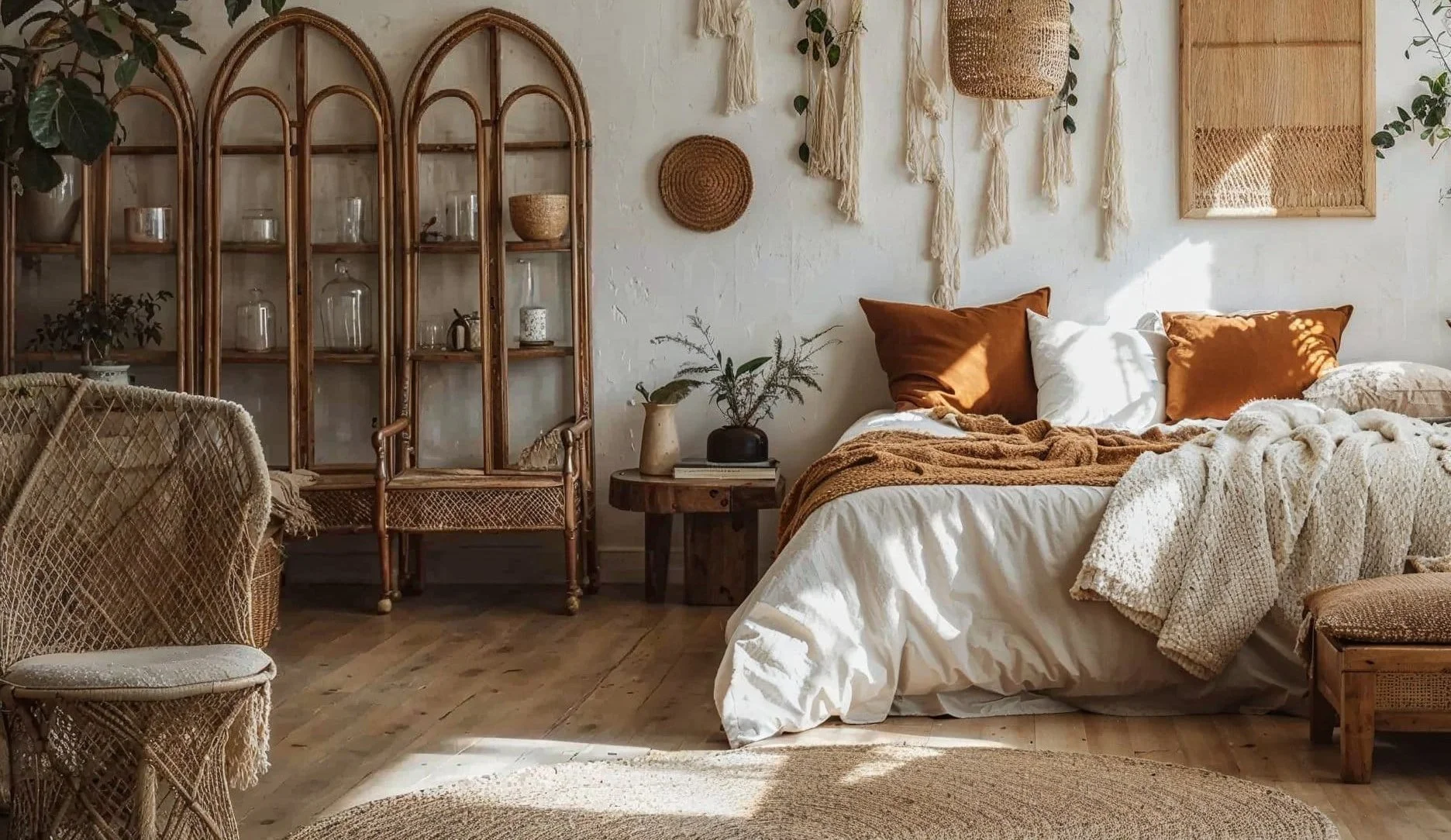 A cozy bohemian bedroom with a white bed, surrounded by rust-colored pillows and blankets. There is a wooden side table with a vase of green plants, and woven wall hangings and rattan furniture, with sunlight casting shadows on the wall.