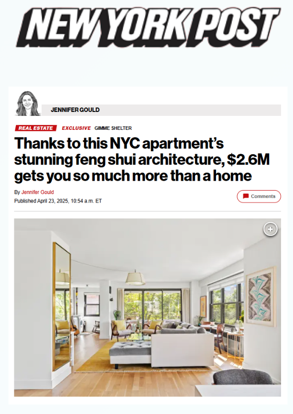 New York Post article about an NYC apartment featuring feng shui architecture, with a bright, modern living room with large windows, white walls, wooden floors, and minimal furniture.