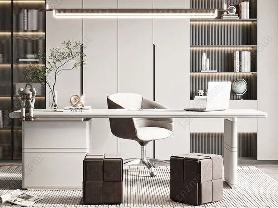 Modern home office with white desk, black and white shelving, and decorative items.