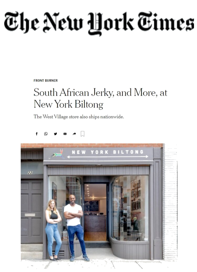 Front exterior of a store called New York Biltong with a man and woman standing at the entrance.