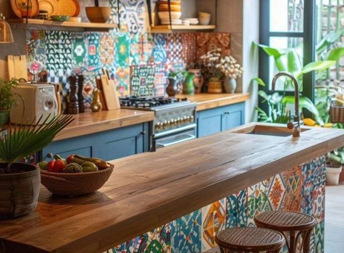 A colorful kitchen with a wooden island, patterned tile backsplash, blue cabinets, and large windows with greenery outside.