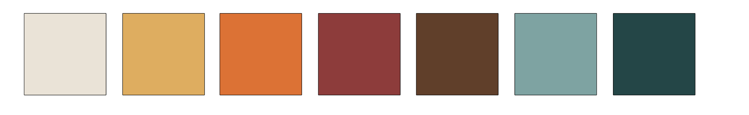 Series of seven color swatches in beige, gold, orange, red, brown, teal, and dark blue.