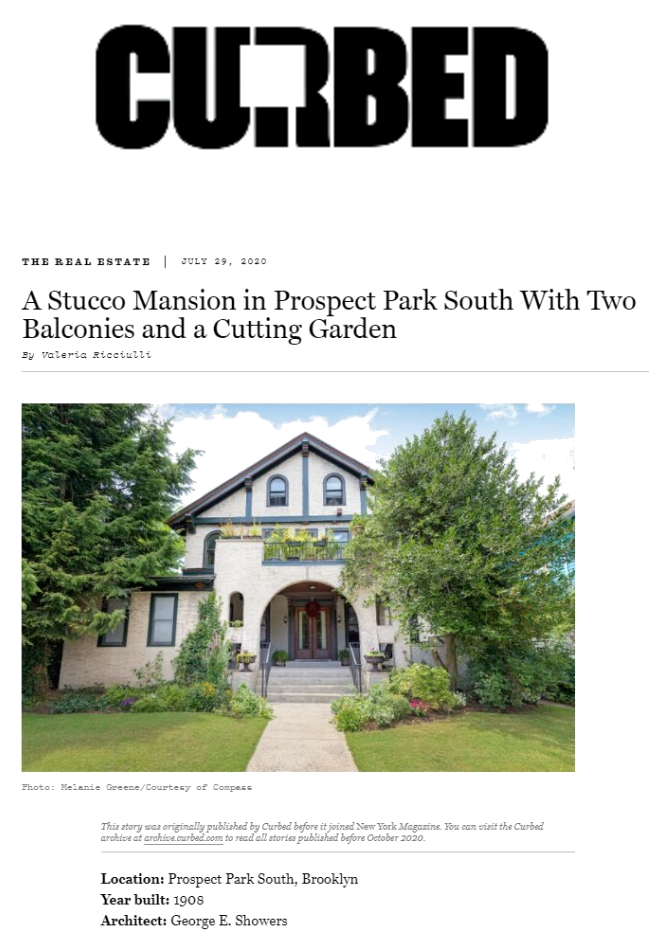 A real estate article showing a photo of a stucco mansion with two balconies and a cutting garden, located in Prospect Park South, Brooklyn, built in 1908.