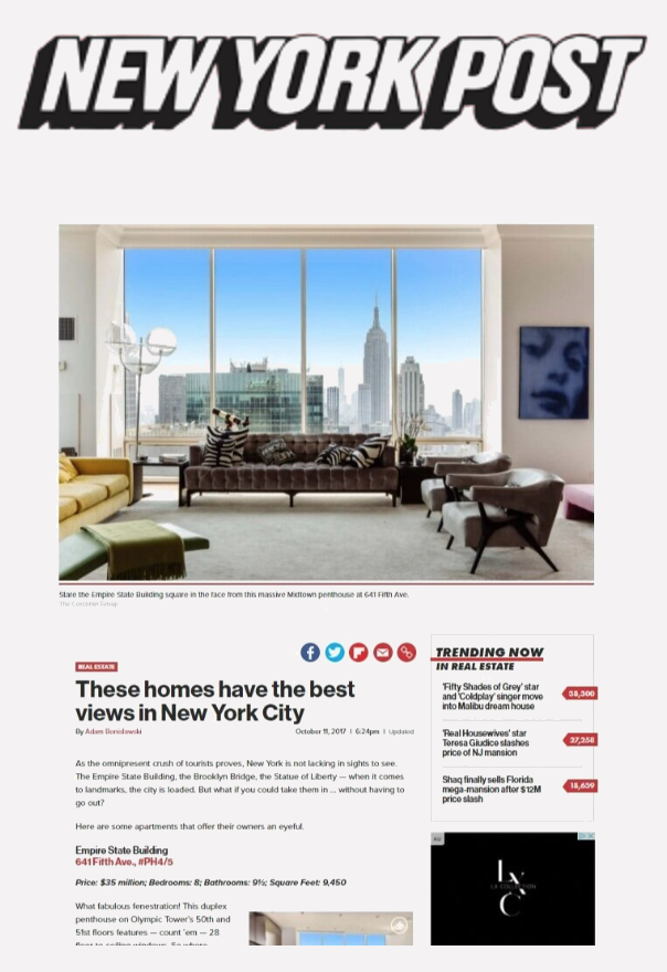 Cover page of New York Post newspaper showing an interior view of a city apartment with a sofa and chairs, large windows revealing the New York City skyline including the Empire State Building, and a portrait on the wall.