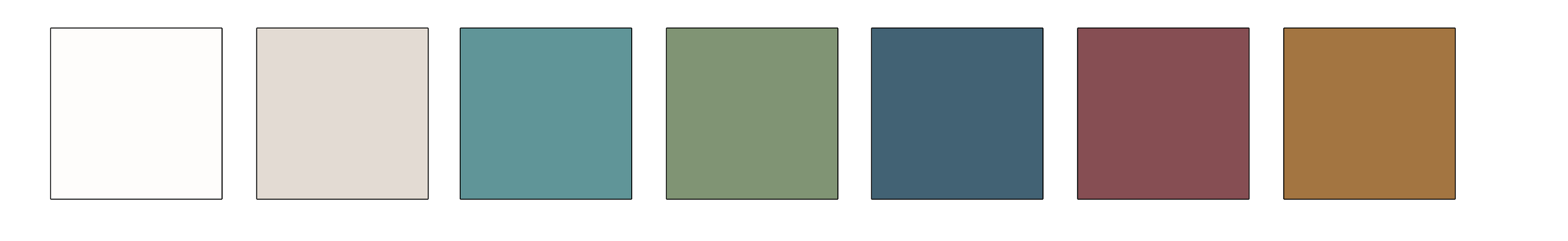 Seven color swatches arranged in a row, from left to right: white, beige, teal, olive, navy, maroon, and mustard.