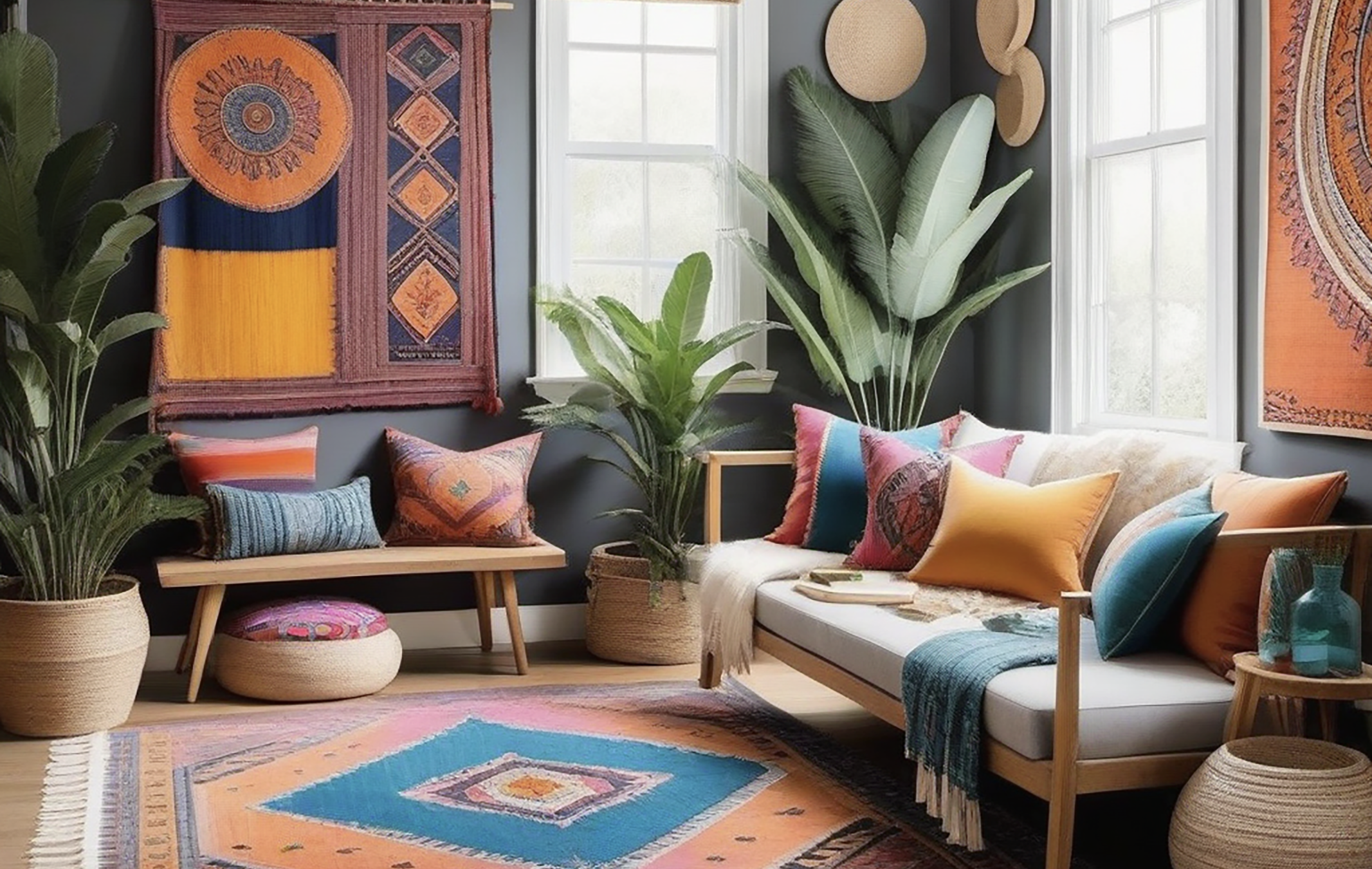 A living room with dark walls, large windows, and colorful, bohemian decor. There are plants, patterned wall hangings, and a multicolored rug. The furniture includes a wood-framed sofa and a bench, both adorned with vibrant throw pillows.