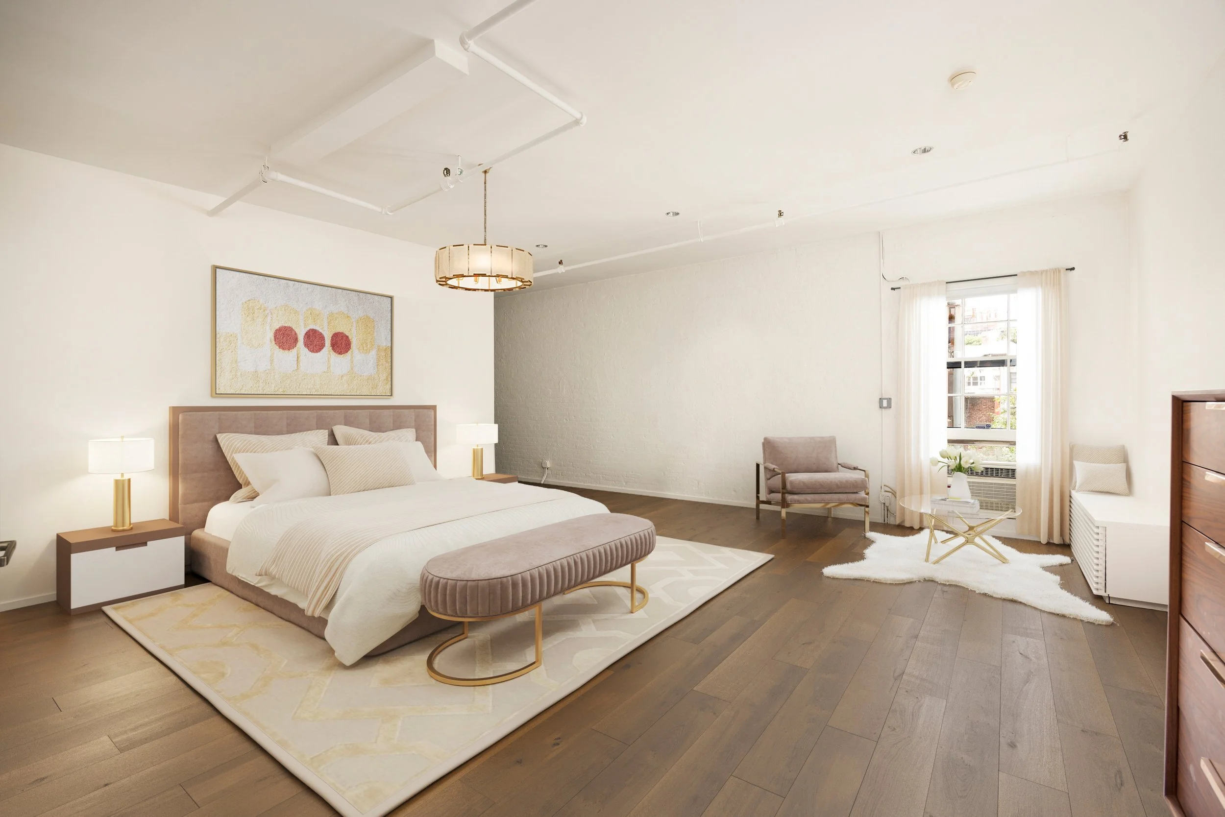 A modern, minimalistic bedroom with a large bed, nightstands with lamps, a bench at the foot of the bed, a purple armchair, a small round coffee table with a flower vase, and a window with white curtains letting in natural light.