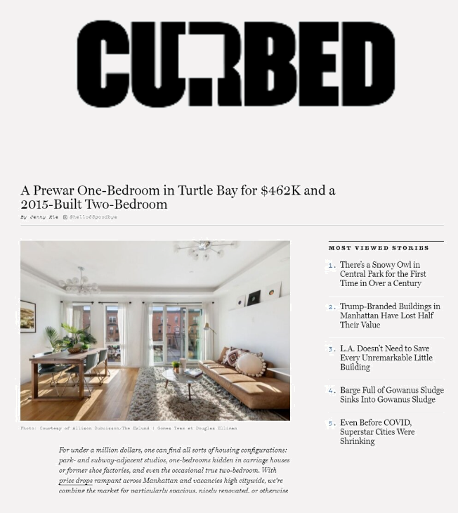 The cover of a magazine titled 'CURED' features an article about a prewar one-bedroom in Turtle Bay for $462K with a photo of a living room and a list of most viewed stories.