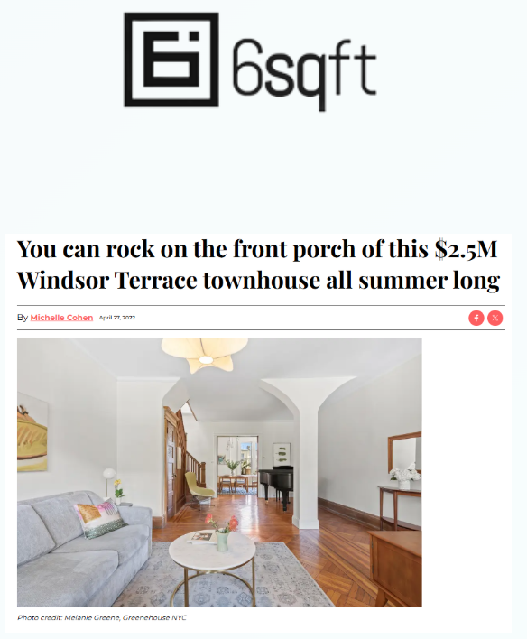 Screenshot of a real estate listing for a Windsor Terrace townhouse, showing a living room with white walls, wooden flooring, a gray sofa, a small round coffee table, and a staircase leading upstairs. The room has natural light and decorative accents.