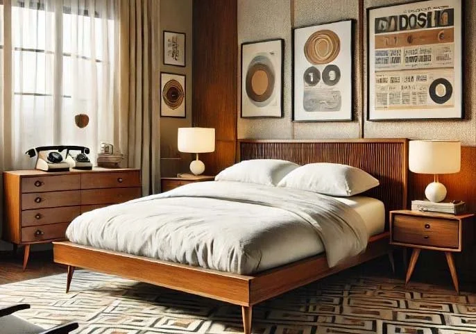 A stylish bedroom featuring a wooden bed with white bedding, matching wooden nightstands with lamps, a dresser with a vintage rotary phone, and wall art with geometric and abstract designs. Large window with curtains filters natural light into the room.