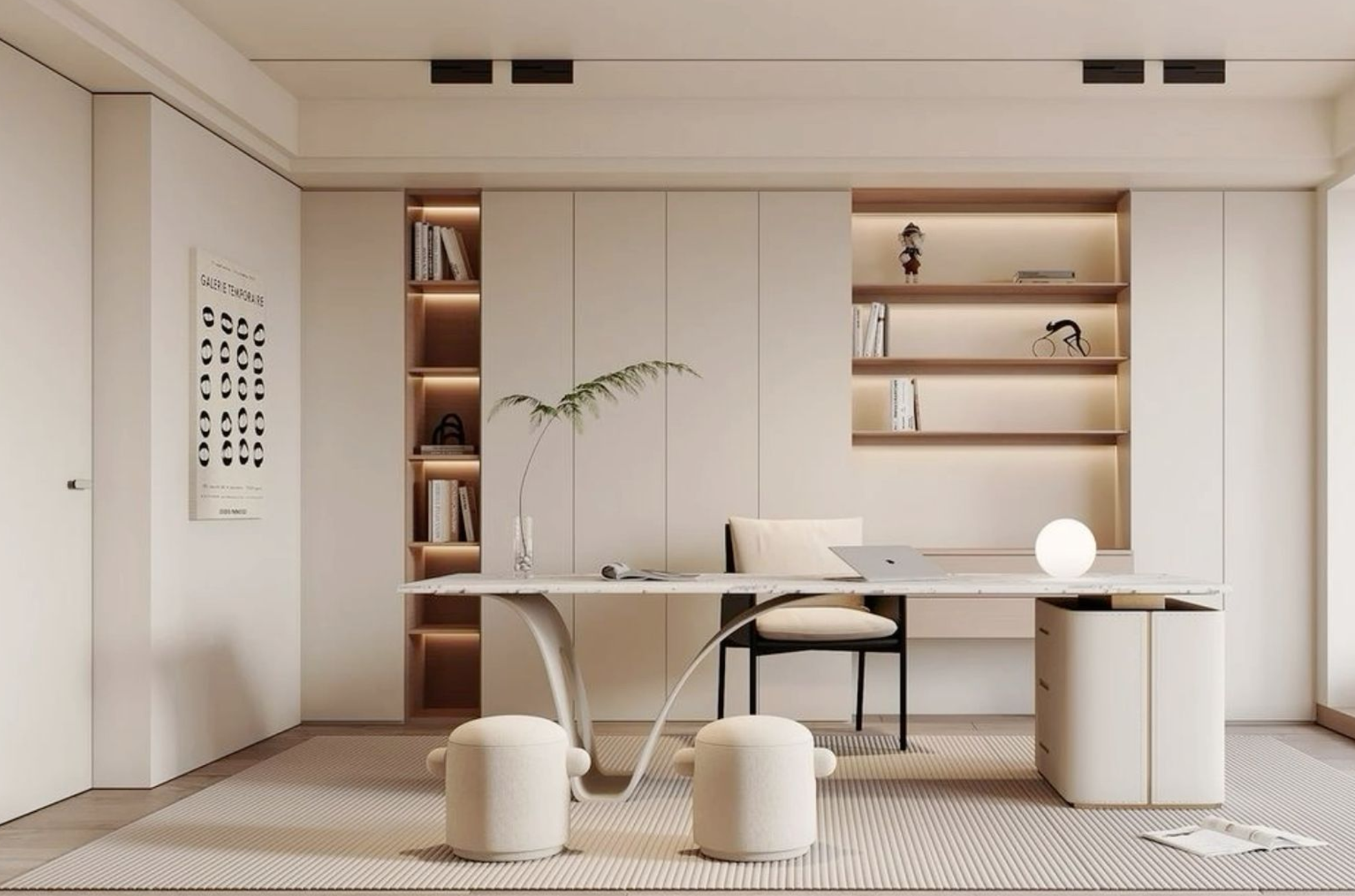 Modern minimalist home office with white walls, shelves, a marble desk, a white and black chair, a small white ottoman, a desk lamp, and a potted plant.