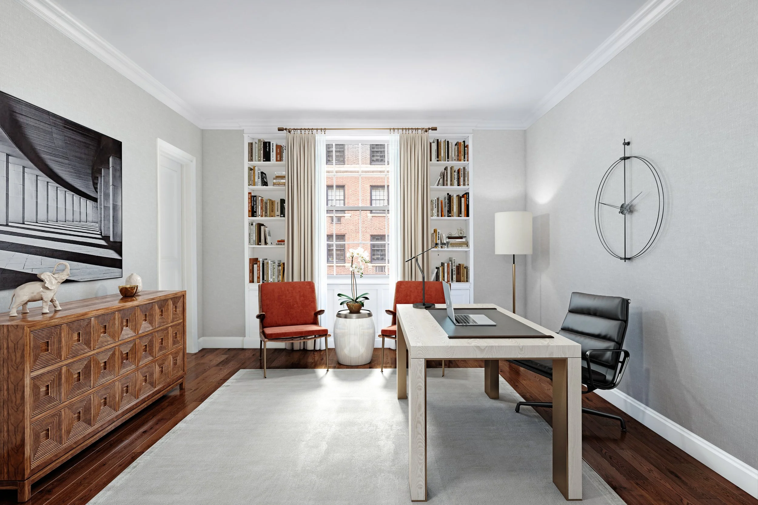 Modern office with a desk, black office chair, two red armchairs, white bookshelf, large window, wall clock, and artwork