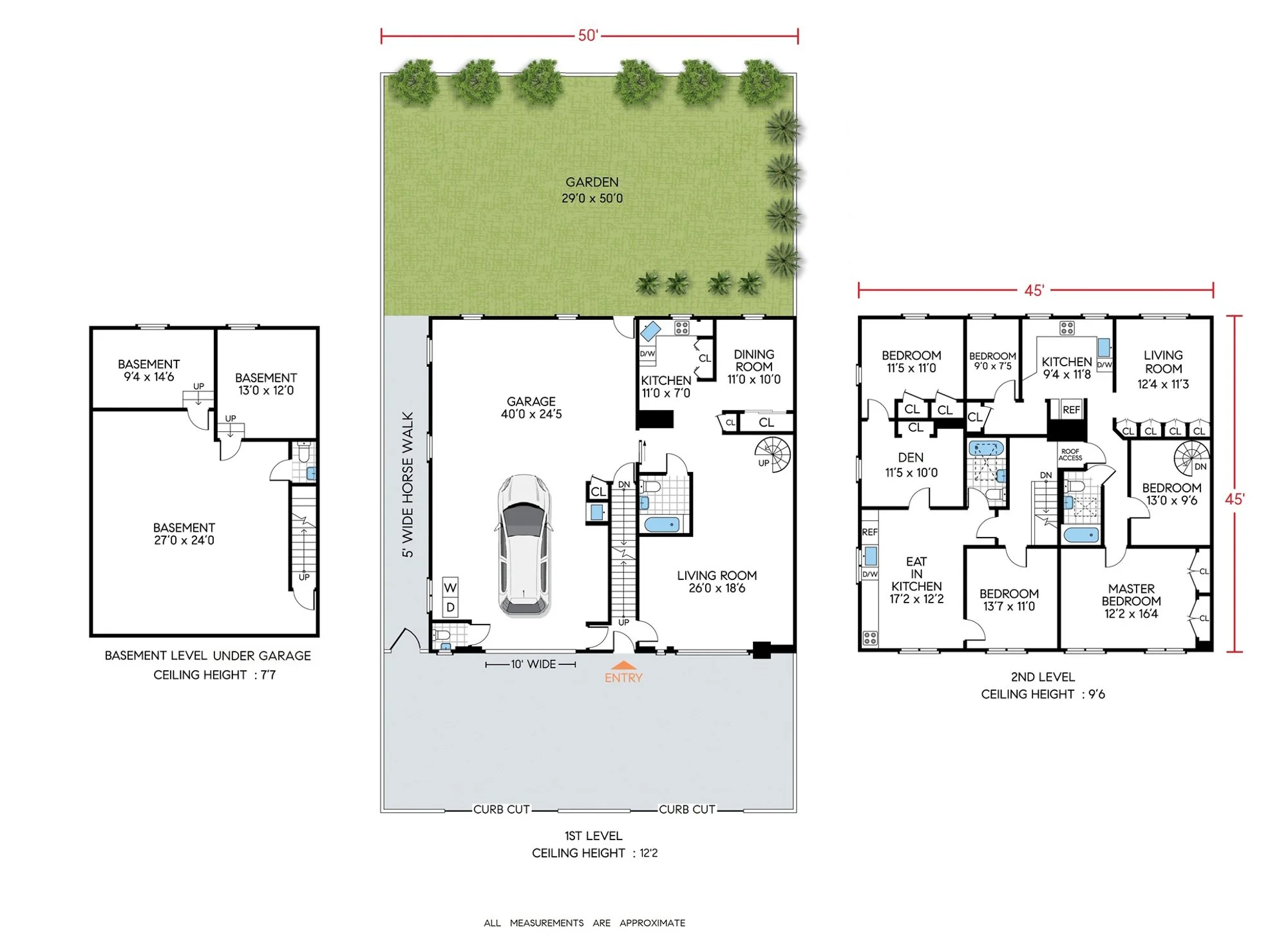 Floor plan of a two-story house with a basement, including a garage, living room, dining room, kitchen, den, multiple bedrooms, bathrooms, and a backyard with trees