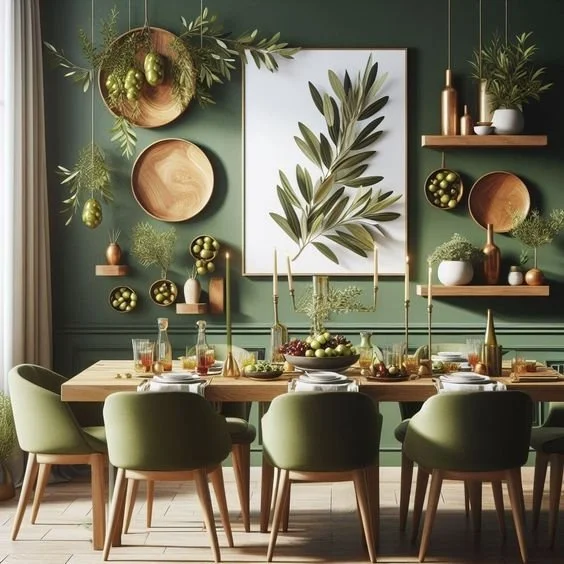 Dining table set with green chairs, decorative gold accents, green plants, and wall decor with a large botanical print, against a green wall.