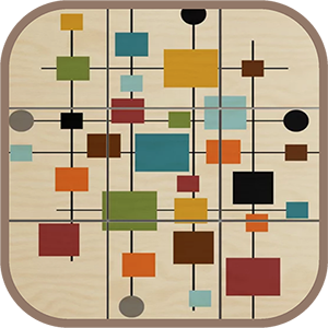 Abstract geometric wall art with colorful rectangles and lines on a light wooden background.