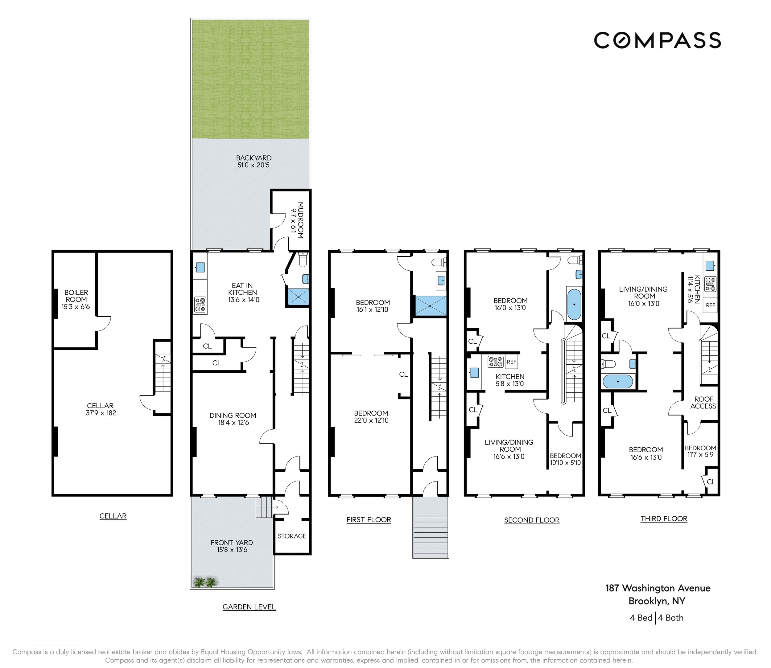 Floor plan of a multi-level house with four bedrooms and four bathrooms, including a cellar, garden level, first, second, and third floors, detailing rooms, dimensions, and features at 187 Washington Avenue, Brooklyn, NY.