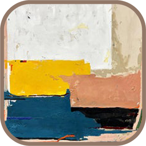 Abstract painting with bold, horizontal color blocks in white, yellow, pink, blue, black, and off-white.