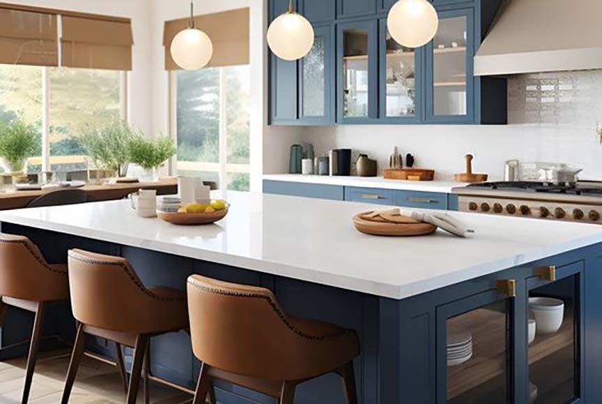 Modern kitchen with blue cabinets, white countertops, bar stools, and pendant lights.