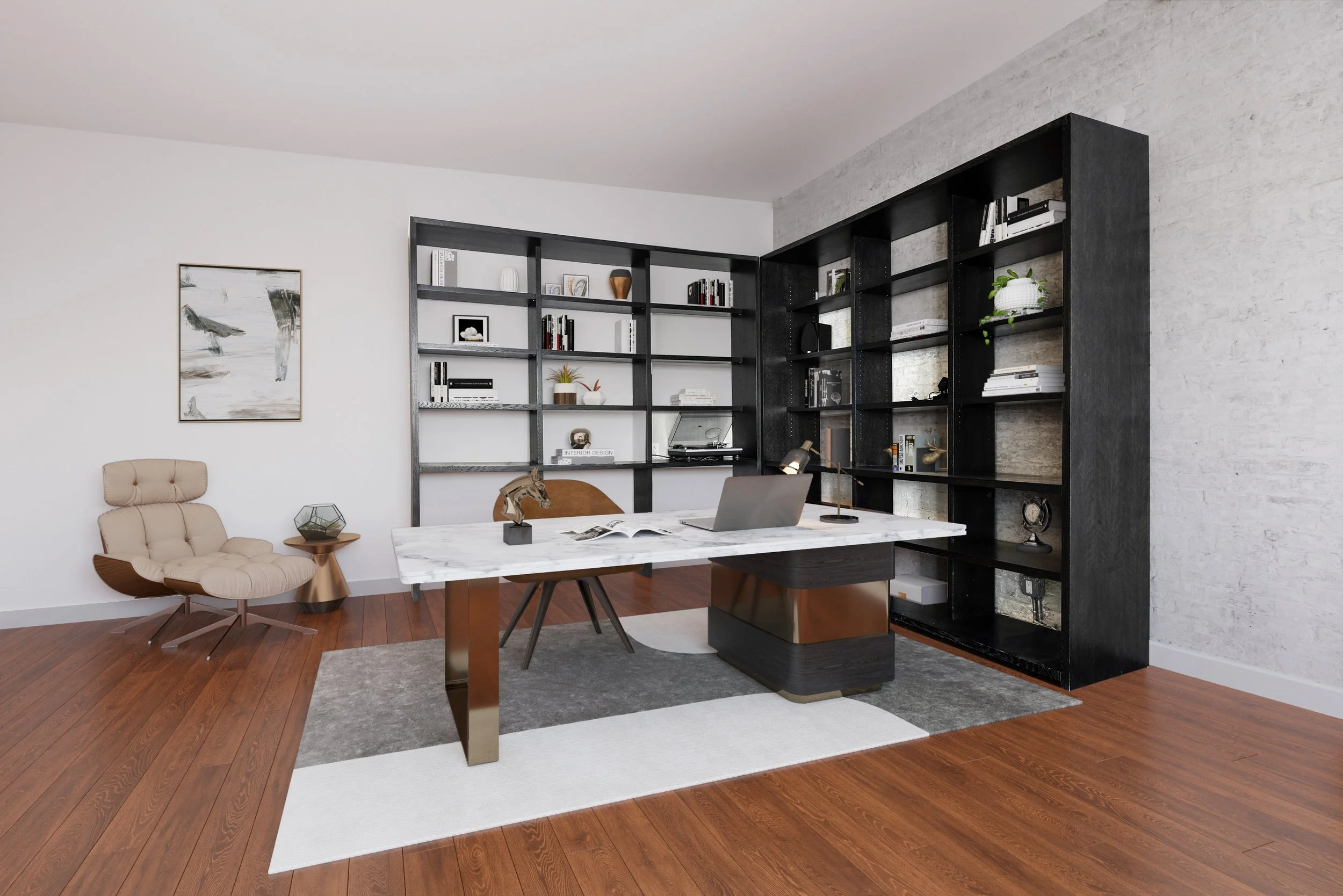 Modern office with white and black bookshelves, a white marble desk with a laptop, and beige armchair with a small side table on hardwood floor.