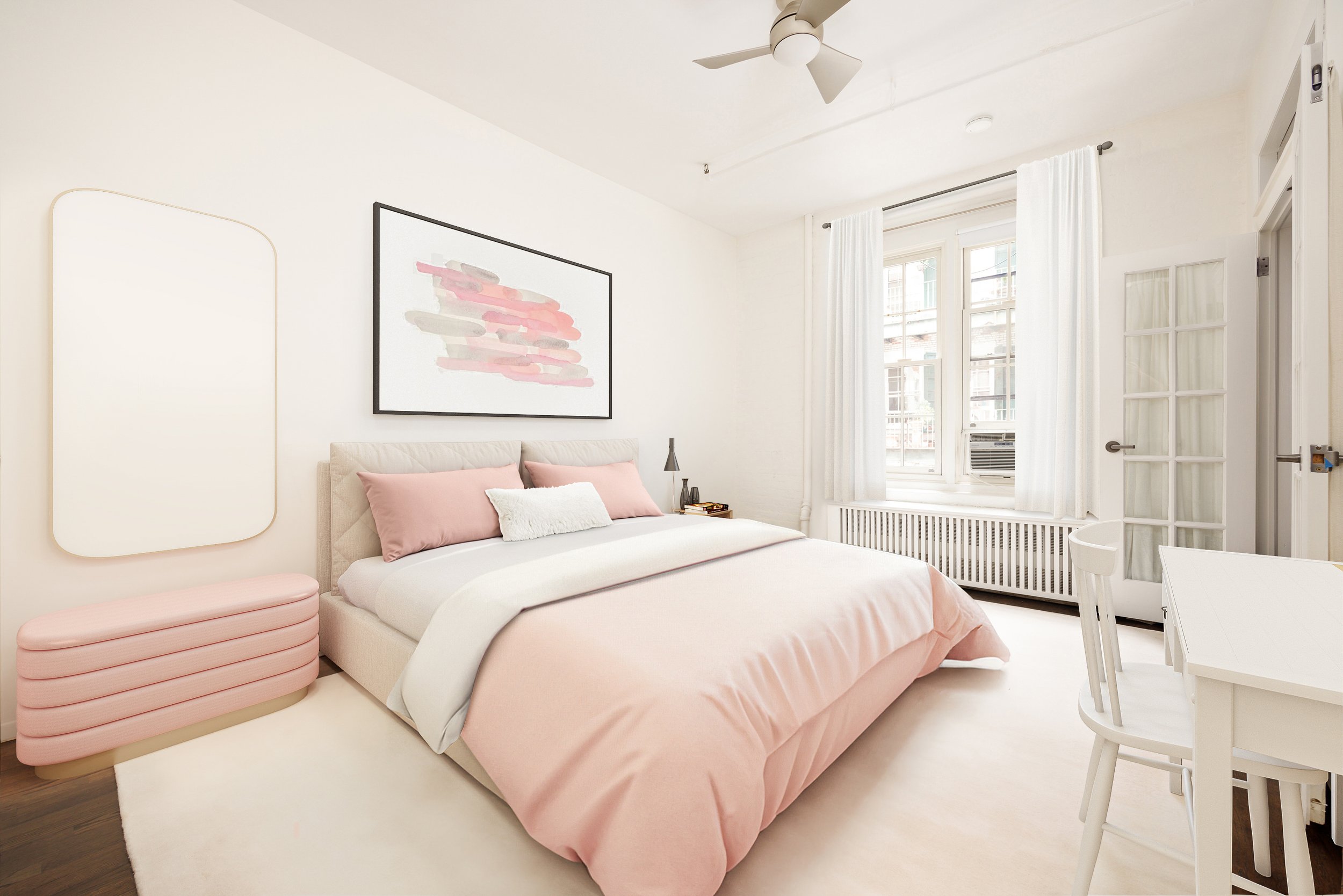 Bright bedroom with white walls, pink bedding, and matching pink ottoman. White curtains, a picture with pink and gray strokes, and a ceiling fan. Large window with an air conditioning unit, white door with glass panels, and a white radiator.