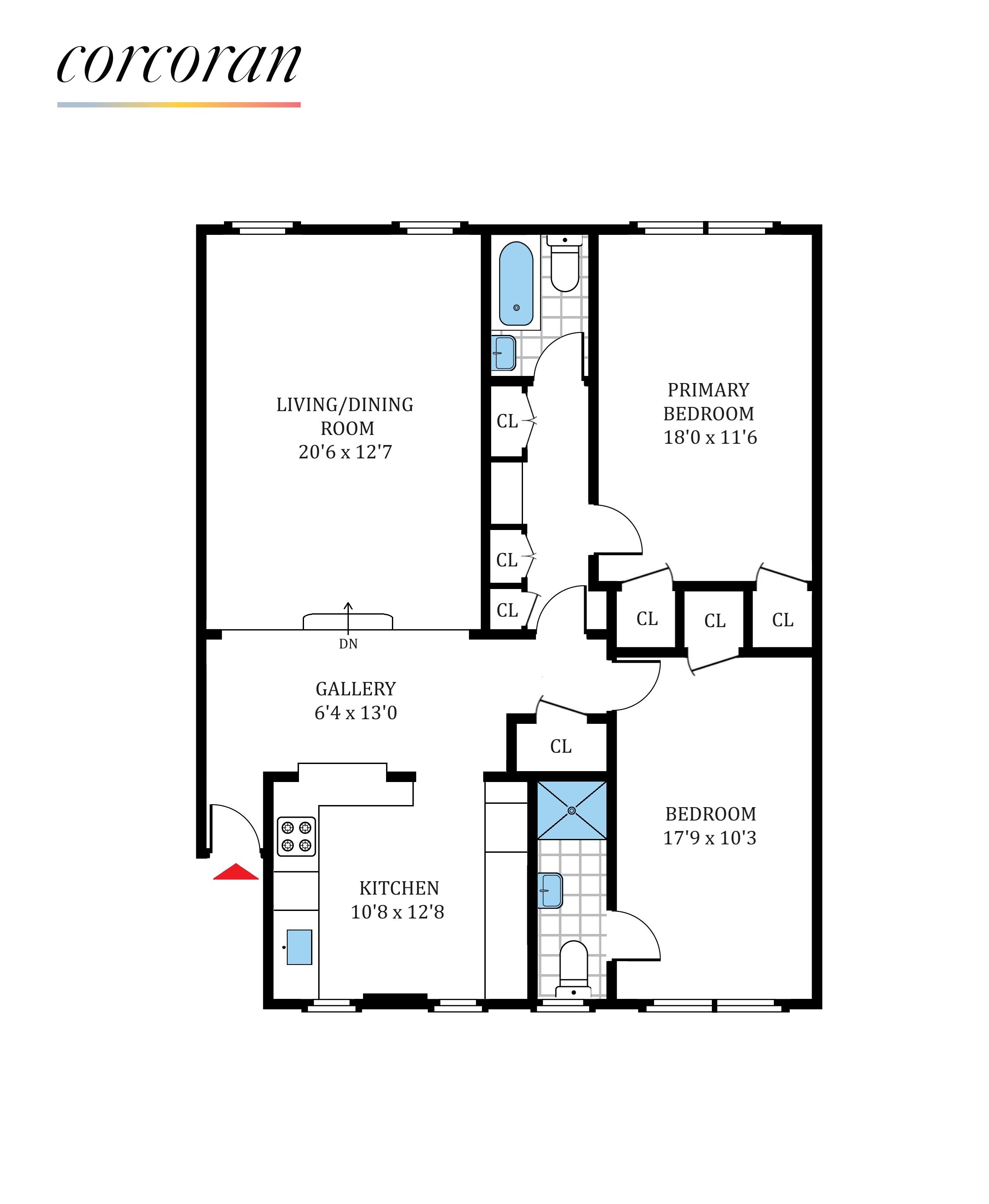 Floor plan of a home with labeled rooms including living/dining room, primary bedroom, secondary bedroom, kitchen, gallery, bathrooms, and closets.