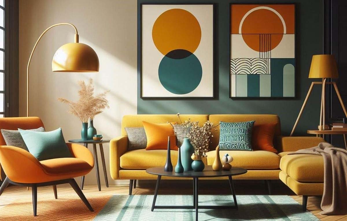 Living room with a yellow sofa surrounded by orange and turquoise cushions, a matching orange armchair, black side tables with vases and decorative items, and wall art with geometric designs in similar colors. A floor lamp with a large golden shade and a tripod-style lamp are also present.