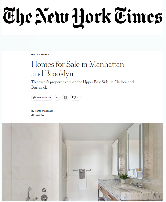Screenshot of The New York Times article titled "Homes for Sale in Manhattan and Brooklyn" with a photo of a modern bathroom featuring a marble countertop, a potted plant, and wall-mounted mirrors.