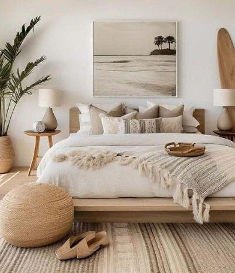 A cozy bedroom with a neutral color palette, featuring a bed with multiple pillows, a throw blanket, and a wooden tray, flanked by nightstands with lamps, a large potted plant, a painting of a beach scene, and a wicker ottoman.