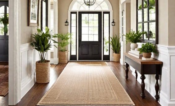 Entryway with black front door, large windows, potted plants, and a runner rug on hardwood floor.