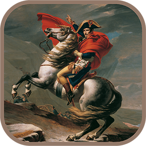 A painting of a man in a red coat riding a rearing white horse, holding a sword, with a stormy sky in the background.