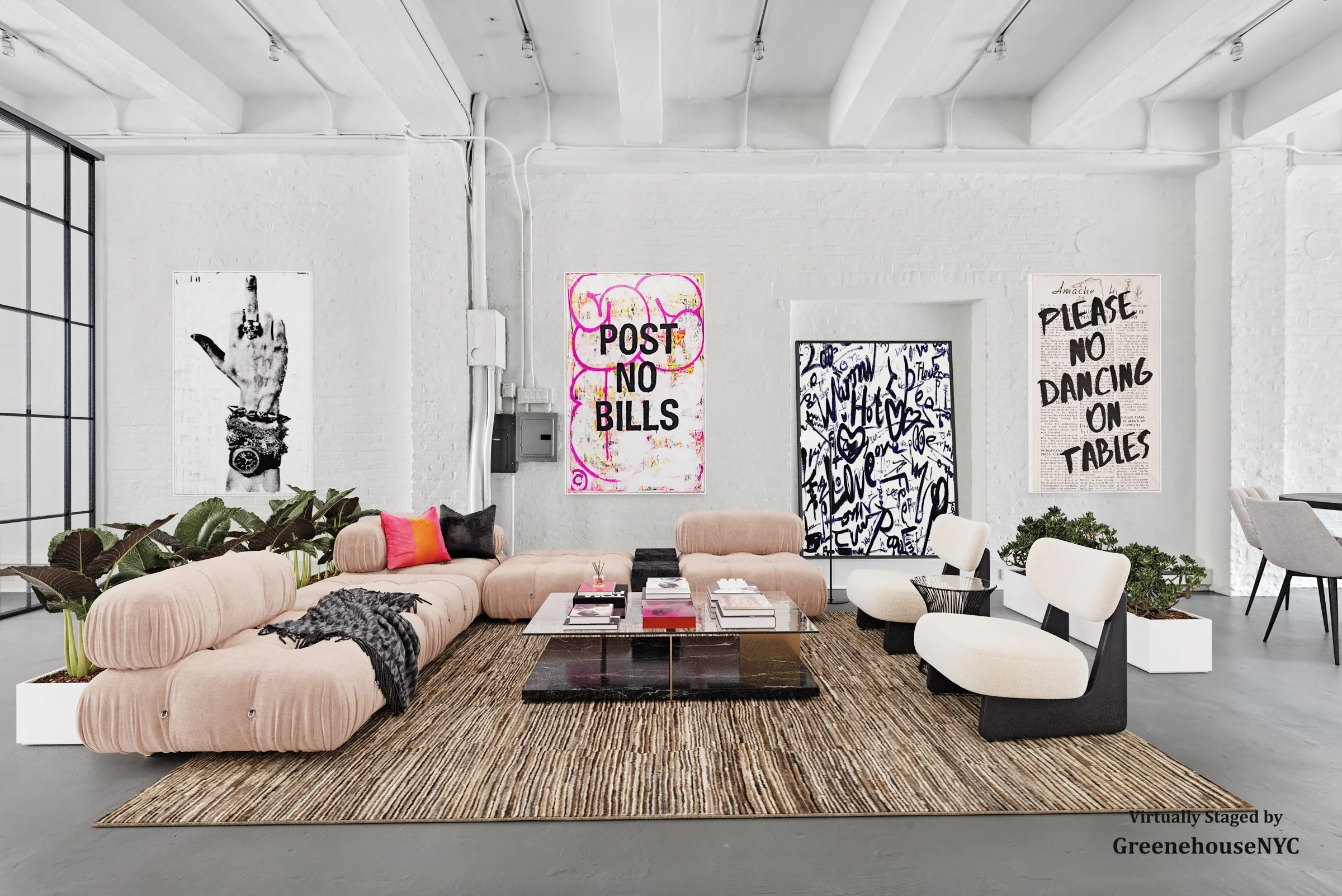 Modern living room with pink sectional sofa, white chairs, abstract artwork on white brick wall, and a glass coffee table on a brown striped rug.