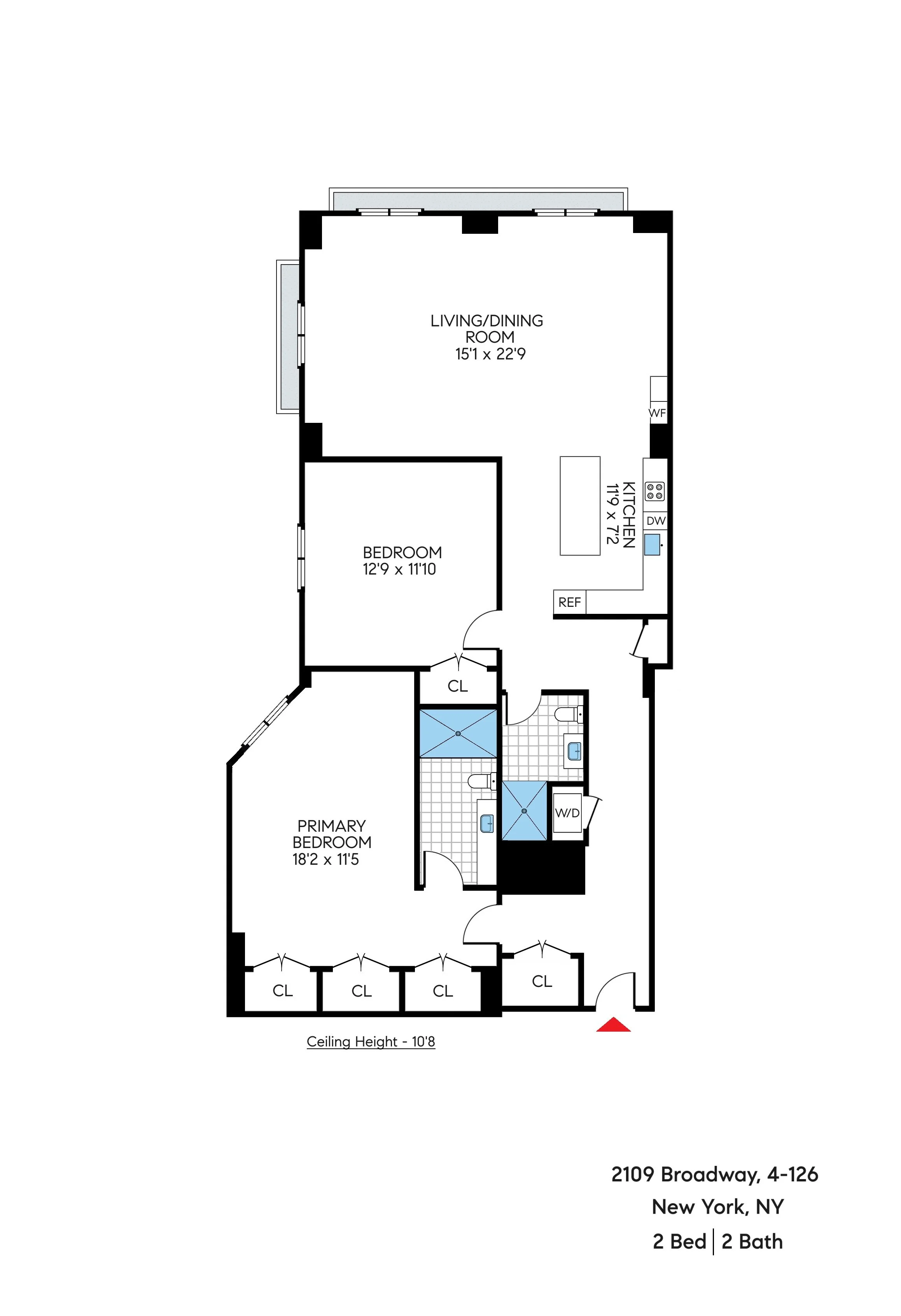 Floor plan of a two-bedroom, two-bath apartment at 2109 Broadway, New York, NY, with labeled rooms including living/dining room, kitchen, primary bedroom, second bedroom, bathrooms, and closets.