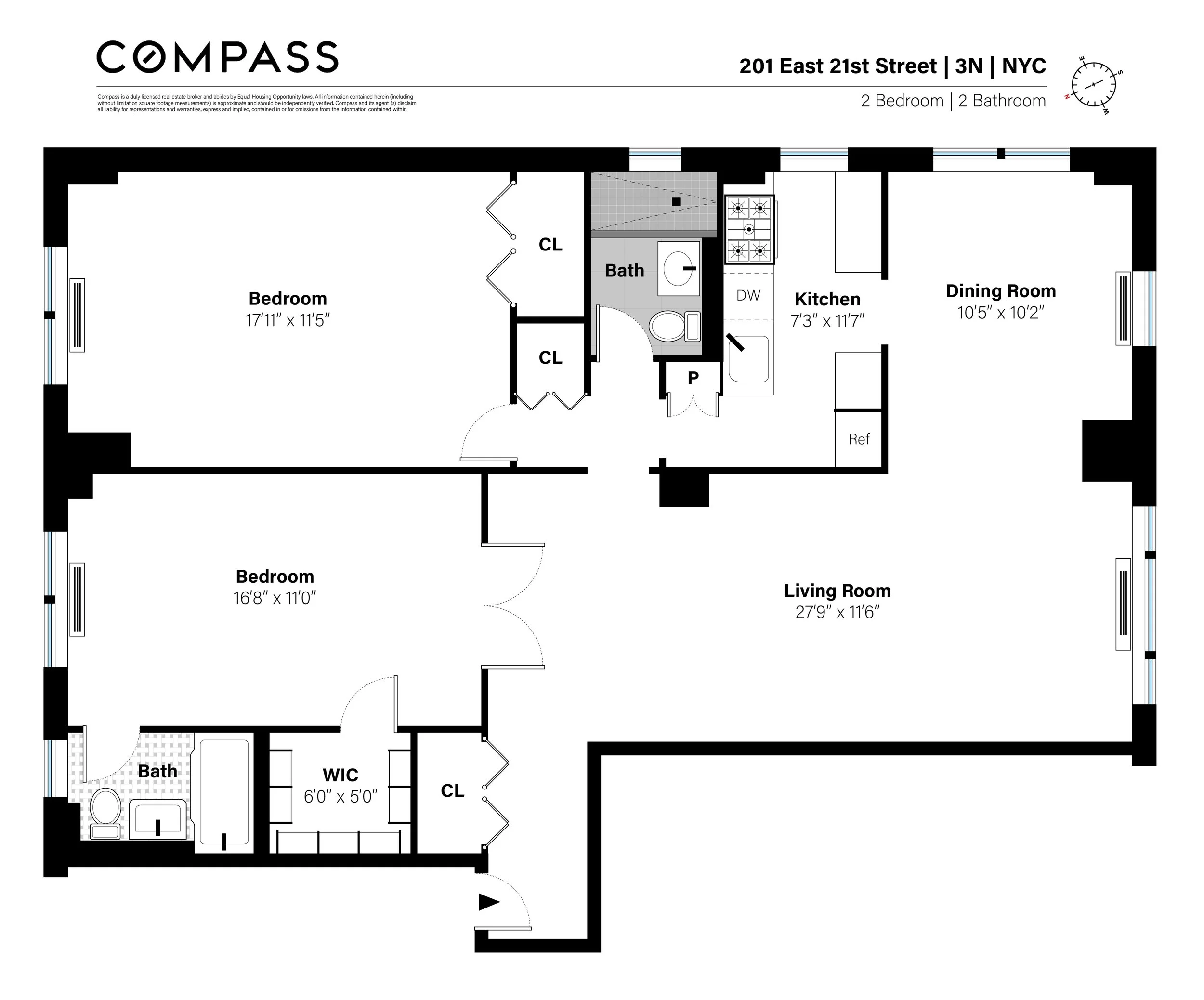 Floor plan of an apartment with two bedrooms, two bathrooms, living and dining areas, kitchen, and closets.