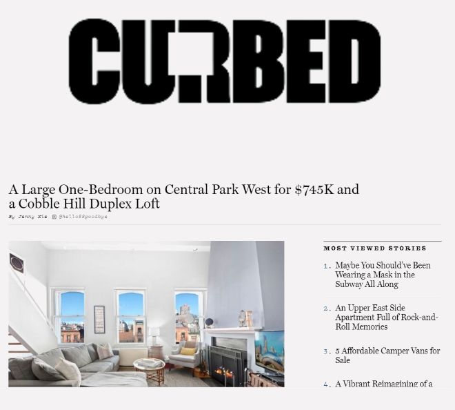 Screenshot of a real estate listing for a large one-bedroom apartment on Central Park West, priced at $745,000, featuring a photo of a bright living room with three large windows, a fireplace, and modern furniture.