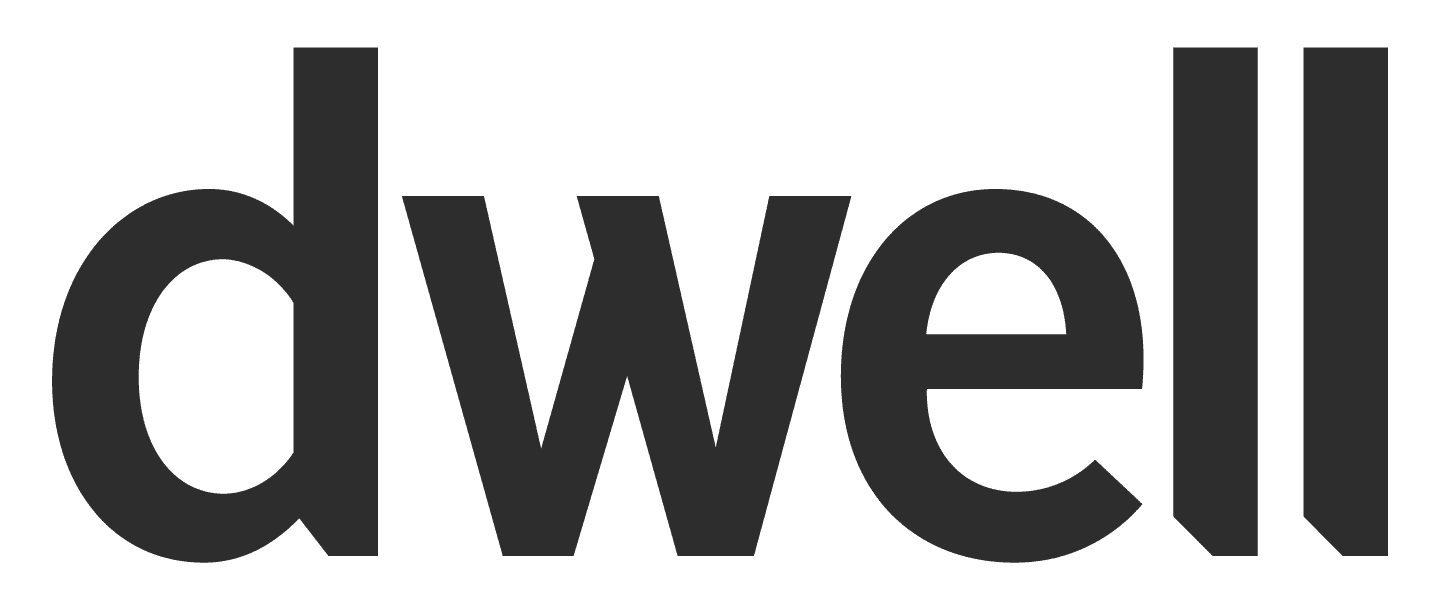 Large black DWELL logo with stylized lowercase letters.