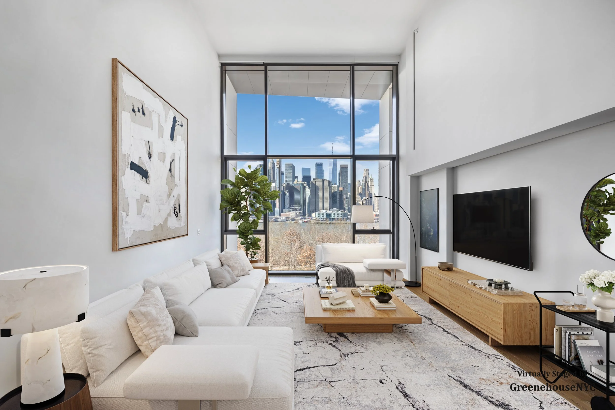 Modern living room with large floor-to-ceiling windows showcasing a city skyline, white sectional sofa, wooden coffee table, TV on a wooden console, and artwork on the wall.