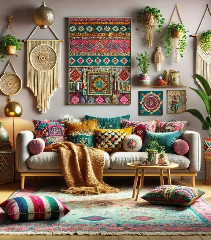 A cozy living room with colorful bohemian decor, including a white sofa with vibrant patterned pillows, a gold blanket, a wooden coffee table with plants, a patterned rug, and wall hangings, plants, and shelves on the wall.