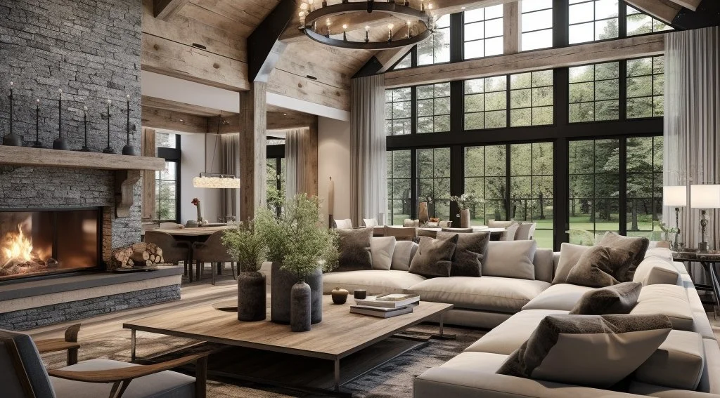 A spacious living room with a high vaulted ceiling, large windows, and a stone fireplace. It features a white sectional sofa, a wooden coffee table with vases and books, and a modern chandelier. There are views of a green outdoor landscape.