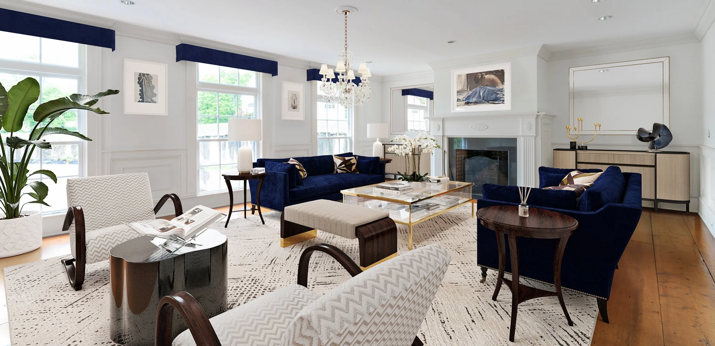 Living room with white walls, large windows, blue velvet sofas, patterned armchairs, a fireplace, chandelier, and modern decor.